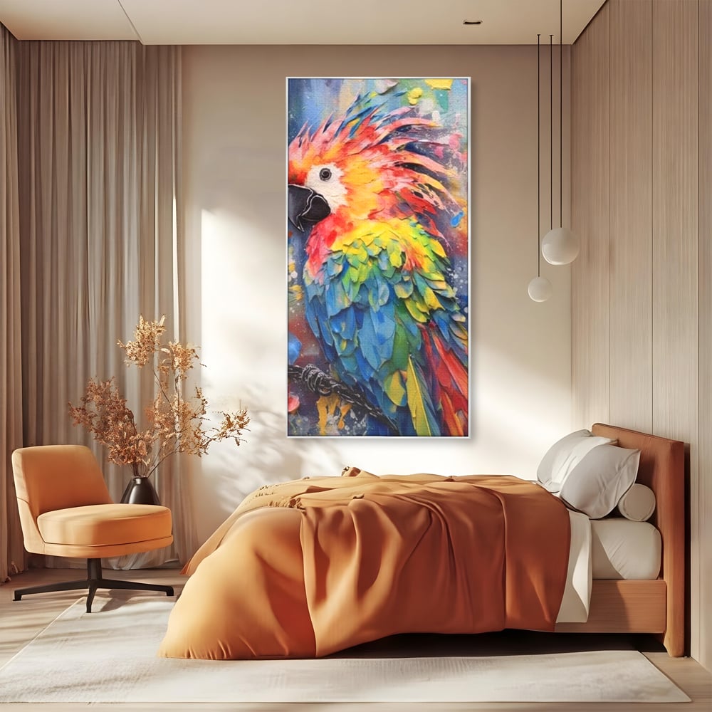 Tablou canvas cu tablou canvas cu papagal colorat, in rama de aluminiu argintiu, pe perete intr-un dormitor